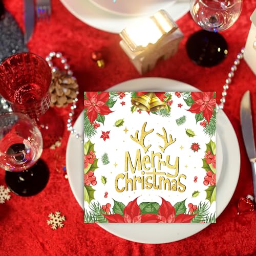 40 Pack Floral Christmas Napkins Disposable - 13x13 Inch unfolded Square Christmas Paper Napkins for Holiday Table Decor, Party Supplies and Dinner Decorations (6.5x6.5 Inch Folded) – Image 5