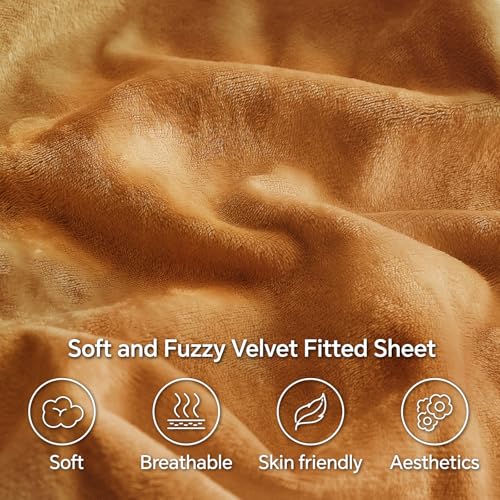 BEDELITE Velvet Fitted Sheet and Pillowcases Set, Luxury Soft Fuzzy Bottom Sheet with Reinforced Elastic Corner Straps, Deep Pocket up to 15 Inch, 1 Fitted Sheet and 2 Pillowcases (King, Burnt Orange)