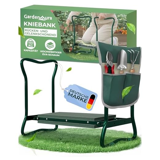 GardenAura® Kniebank für Gartenarbeit - Gartenhocker mit Werkzeugtasche - Garten Kniebank Rücken- und Gelenkschonend bis 150kg belastbar - Gartenhocker klappbar für idealen Knie Komfort (Grün)