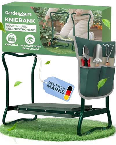 GardenAura® Kniebank für Gartenarbeit - Gartenhocker mit Werkzeugtasche - Garten Kniebank Rücken- und Gelenkschonend bis 150kg belastbar - Gartenhocker klappbar für idealen Knie Komfort (Grün)