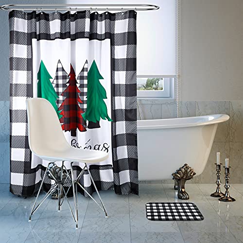 Christmas Shower Curtain 72 X 72 Inch Buffalo Check Plaid Shower Curtain 16 X 24 Inch Check Door Mat Buffalo Plaid Rug And 12 Pieces Plastic Shower Curtain Rings For Bathroom Decor (White-Black) #TOP5