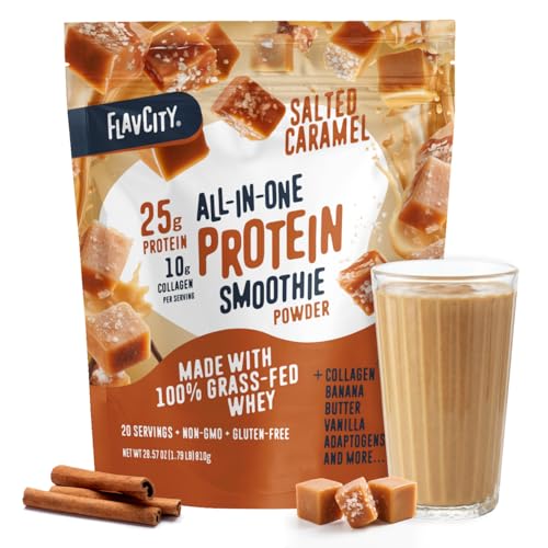FlavCity All in One Protein Shake Powder Salted Caramel - On the Go Meal Alternative + Collagen Peptides Reishi & Cordyceps - Focus Skin Hair & Joint Support - 100% Grass Fed Whey 20 Servings