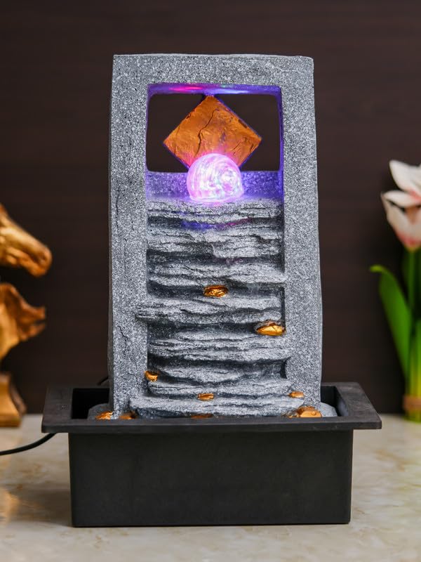Image of Polyresin Rock Finish Table Top Indoor Waterfall Fountain for Home Decor with Yellow LED, Speed Controller Pump & Crystal Ball (Size: 40.5 x 29.5 x 22CM | Weight: 2240grm | Color: Grey)