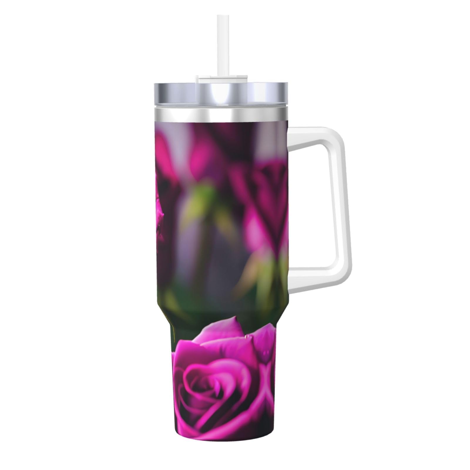 Purple Roses Ice Bully Wasserflasche aus Edelstahl, doppelwandig, isoliert, mit Griff und Strohhalm-Deckel, 1,2 l