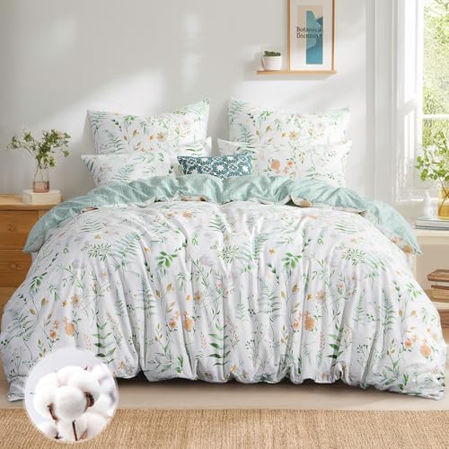 Aisbo Bettwäsche 200x220 Baumwolle Grün Blumen Muster - Bettwäsche-Sets 200 x 220 cm Bettbezug 3teilig mit 2 Kissenbezüge 80x80 cm ÖKO-TEX Wendebettwäsche mit Reißverschluss