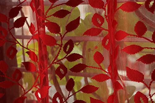 Image of Aroma Brand Tissue Transparent Fancy Sheer Polyester Curtains for Door- Pack of 1 (Window- 5 Feet, Red - Leafs)