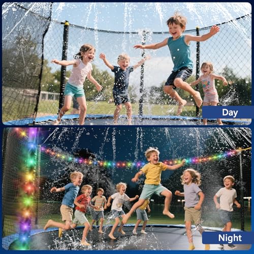 IPOOLTENG Trampoline Sprinkler with Lights - Trampoline Lights & Water Sprinkler, 16 Colors, Remote Control, Waterproof Trampoline Accessories, Non-Damaging Design, Fits 8-12FT