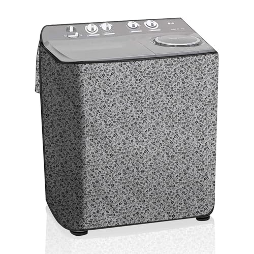 Image of The Furnishing Tree Semi-Automatic Top Load Washing Machine Cover | Waterproof & Dustproof | Easy to Clean | Durable & Washable, Monochrome Floral Vine Print Polyester (53.5x89x99 CM)