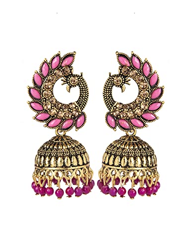 Bodha Traditional Indian Gold Plated Antique Traditional Peacock Jhumka With CZ, LCT Crystals,Kundan & Pearls Earrings for Women (Pink)