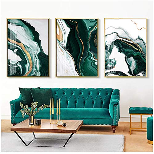 QIAOB Peintures sur Toile Modernes Feuille d'or Vert foncé Lignes marbre Salon Chambre Affiches 19.6'x27.5 (50x70cm) Pas de Cadre 3pcs