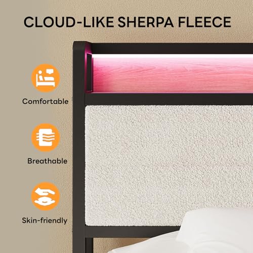 Image of LIKIMIO Queen Bed Frame with Storage Headboard and LED Lights, Metal Platform Bed with Charging Station, Noise Free, No Box Spring Needed, Under Bed Storage, Natural and Cream