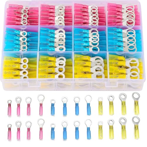 Ring Terminal Connectors,260PCS Marine Grade Heat Shrink Ring Connectors-Heat Shrink Wire Connectors Tinned Red Copper16-14 22-16 12-10 Gauge Insulated Ring Crimp Terminals