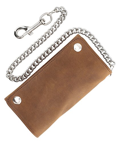 RFID Blocking Men's Tri-fold Vintage Long Style cow Leather With Chain card holder Wallet,MADE IN USA4