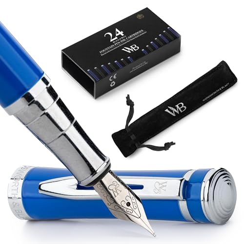 Image of Wordsworth & Black Luxury Fountain Pen Set for Writing, Medium Nib, Blue | Gift for Men & Women, Brass Body, German Iridium, Calligraphy, Converter + 24 Ink Cartridges, Refillable, Leak-Free