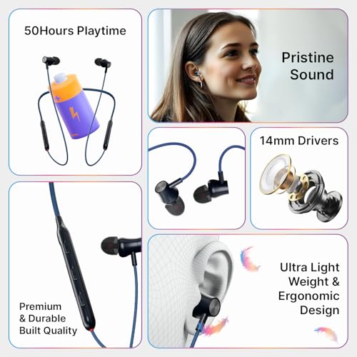 Image of pTron Tangent Evolve w / 50Hrs Playtime, HD Mic, Pristine Sound, 14mm Drivers, Bluetooth V5.3 w /Dual-Device Pairing Wireless Neckband, Magnetic Buds, Voice Assistant,Type-C Charging & IPX4(Black /Blue)