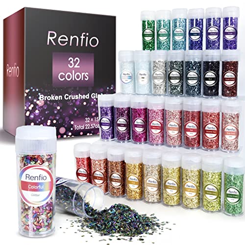 Renfio 32 Colors Broken Crushed Glass Glitter Set, 22.57oz 640g Glitter Shards 2-4mm Irregular Metallic Glass Chips Crystal Chunky Flakes Sequins Gravel for Resin Craft Supplies, Jewelry Making, Nail
