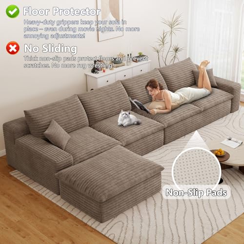 Image of 136 inch Cloud Couch Modular Sectional Sofa for Living Room, L-Shape Boneless Couch with Deep Seat, Modern Corduroy 6-Seater with Ottoman, No Assembly Required,Camel