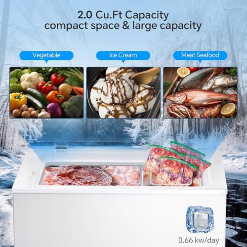 Image of Kismile 2.0 Cubic Feet Chest Freezer, Compact Deep Freezer for Home, White | 2 Removable Basket, Adjustable Temperature, Free Standing Top Open Door, Fits Kitchen /Office /Bar