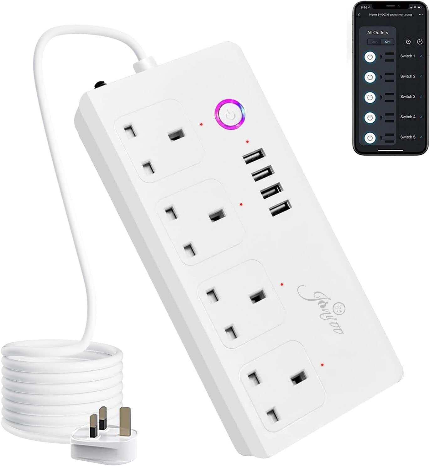ZigBee Power Strip Surge Protector Jinvoo Smart Extension Lead with 4AC Outlets and 4USB Ports, Compatible with Alexa & Google Assistant