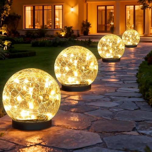 SyouHome Solar Garden Lights Outdoor Waterproof, 4 Pack Cracked Glass Ball Light, Ground Landscape Garden Decor, Solar Globe Decorative for Pathway/Patio/Lawn/Yard (Warm White, 4.7')