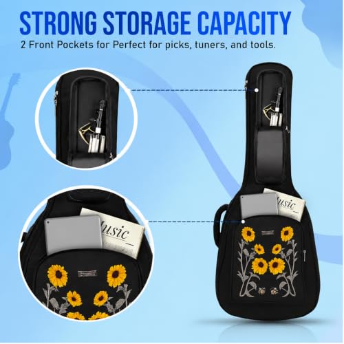 Image of True Cult Acoustic Guitar Bag /Cover with Foam Padding (Black) Strong and Durable for Multiple Sizes and Shapes Folk /Classical Guitars 38 inch, 39 inch, 40 inch, 41 inch (Sun-Flower)