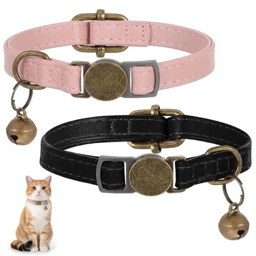 DOPENSPI 2 Pcs PU Leather Cat Collar Breakaway with Bell