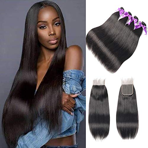 Beaudiva Hair 8A Brazilian Virgin Hair 3 Bundles with Closure Brazilian Hair Weave 100% Unprocessed Brazilian Human Hair With Free Part Lace Closure… (18 20 22 24+16inch, Bundles With Closure)