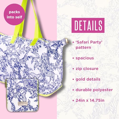 Lilly Pulitzer Large Packable Tote, Reusable Grocery Bag that Packs Into Itself, Tote with Shoulder Strap and Zipper, Safari Party2
