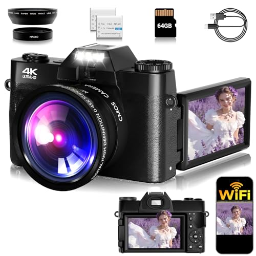 Image of SMARTKLIK Vlogging Camera, 4K 48MP Digital Vlogging Camera with 180 Flip Screen, 16X Digital Zoom, Wide Angle Lens, 2 Batteries & 64GB Micro SD Card (Black)