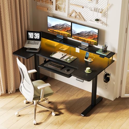 Image of OffiGo U Shaped Electric Standing Desk with Keyboard Tray, 55 Inch Height Adjustable Desk with Power Outlets & LED Lights, Sit Stand Table with Monitor Stand for Home, Office, Black