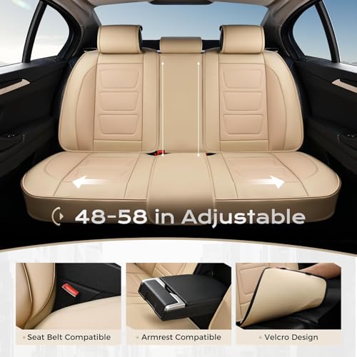 Image of Coverado Car Seat Covers Full Set, Seat Covers for Cars, Front Seat Covers and Back Seat Cover Waterproof Leather Automotive Seat Cover, Universal Car Interior Protectors Cushion for Most Cars Beige