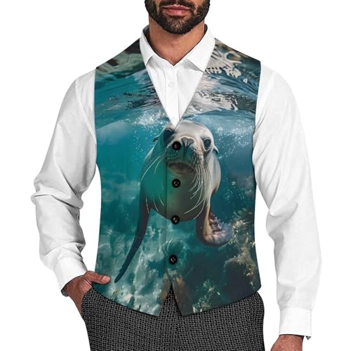 Australian Sea Lion Underwater Photo Men's Suit Vest Waistcoat Vests Formal Dress with 2 Pockets for Business Casual Tuxedo