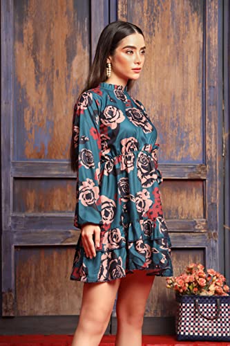 Greciilooks Western Dress For Women - Printed A-Line Midi Western Dress & V Neck Puff Sleeve Dress For Girls Suitable For Function, Outdoor, Birthday, Event, Office(Pack Of 1) (Xxx-Large, Blue)