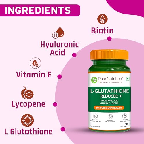 Image of Pure Nutrition Reduced L Glutathione Supplements | Glutathione Tablets for Skin Whitening With Hyaluronic Acid, Vitamin E & Biotin | Support Skin Health & Antioxidant | Skin Glow Tablets For Men & Women - 60 Veg Capsules