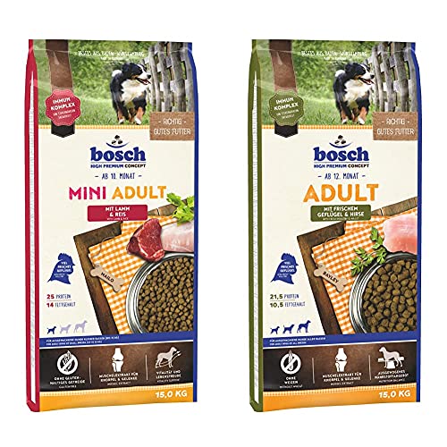 bosch HPC Mini Adult mit Lamm & Reis | Hundetrockenfutter für ausgewachsene Hunde kleiner Rassen (bis 15 kg) | 1 x 15 kg & HPC Adult mit frischem Geflügel & Hirse | 1 x 15 kg