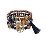 Bohemian bead bracelet set, natural stone and wood, with the charm of the Tree of Life, multi-layer elastic bracelet, with tassels, 4-piece set