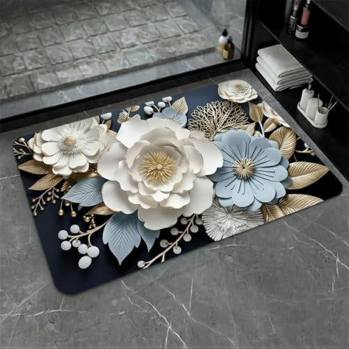 Image of Non-Slip 3D Floral Bath Mat, Quick Dry Absorbent Silicone Floor Mat, Anti Skid Doormat for Bathroom, Home, Office, Living Room, Hallway Runner, Soft Cushion Carpet Rug (Blue)