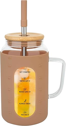 Miniatura 1 de Zenbo Vaso de vidrio de 50 onzas con asa, tapa y pajilla, vaso de agua motivacional con marcador de tiempo