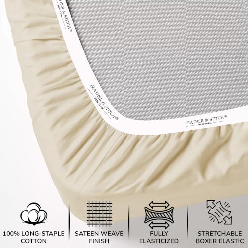 Image of Feather & Stitch 500 TC Split King Size Sheet Set, 5 Piece Bed Sheets Set-2 Twin Fitted Sheet, 1 King Flat Sheet & 2 King Pillowcases, 18 inch Deep Pockets Sateen Weave Solid Bedsheet - (Solid Beige)