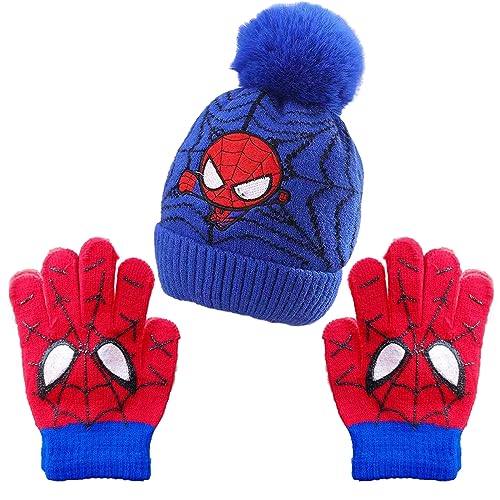 FAMILIO Juego de 3 guantes y gorro de hombre araña para niños, color azul, diseño de héroe de anime, sombrero y guante, gorro de invierno y guantes de nieve para niños, azul, S