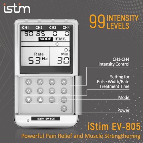 iSTIM-EV-805-TENS-EMS-4-Channel-Rechargeable-Combo-Machine-Unit-Muscle-Stimulator-Back-Pain-Relief-and-Management-24-ProgramsBacklit-Including-Electrodes-Pads