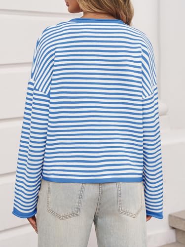 Image of Saodimallsu Womens Striped Cardigan Casual Long Sleeve Open Front Button Down Loose Knit Lightweight Fall Sweaters