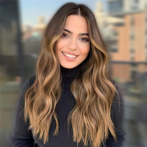 Aisi Queens Long Wavy Ombre Wig Brown Mixed Blonde Synthetic Middle Part Wigs For Women Heat Resistant Hair Replacement Wigs For Daily Wear 20 Inch #TOP18