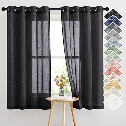 NICETOWN Black Semitransparent Sheer Curtains for Windows, Grommet Linen Blend Flax Durable Sheer Window Drapes Privacy Light Reducing Panels for Bedroom/Guest Room, W52 x L63, 2 Panels