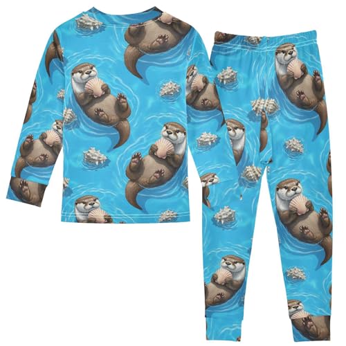 Pajama Sets Long Sleeve Otter Holding Shell Water Soft Comfy Sleepwear 2 Piece PJS 3-8T3