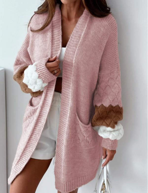 Yidarer Women Fall Sweater Open Front Knit Cardigan Color Block Casual Loose Fit Oversized Outfits3