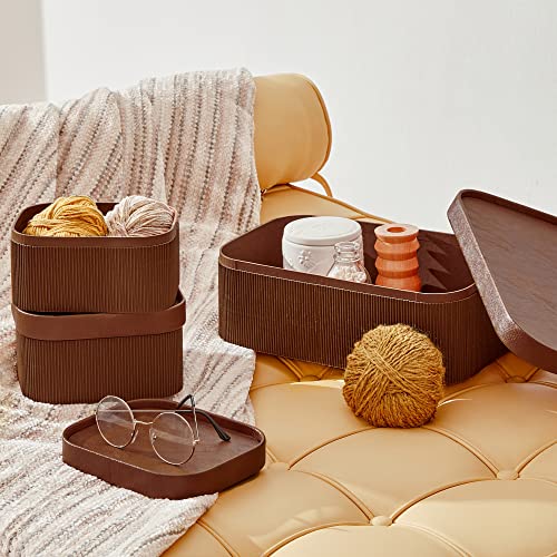 LA JOLIE MUSE Fluted Cardboard Storage Baskets with Leather-Like Lids, Sturdy Stackable Paper Boxes Decorative Tray, Chocolate Brown, Set of 3 - Image 3