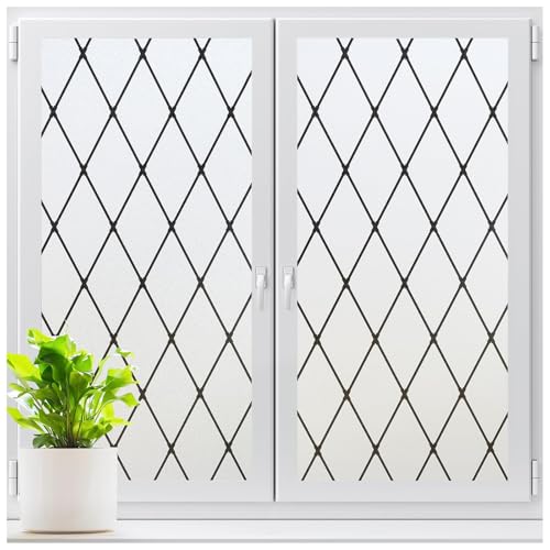 LUTE Frosted Window Privacy Film, Static Cling UV Sun Blocking Heat Control Window Cover, Removable Non-Adhesive Glass Sticker Vinyl Decorative Bathroom Frosting Decals, Black Lattice, 35.4" x 157.4"