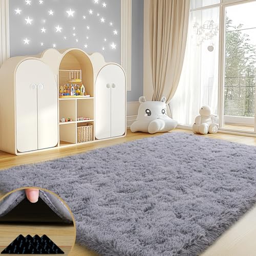 4x6 Rugs for Living Room, Large Fluffy Area Rugs for Bedroom, Soft Carpet Shag Kids Rug with 4 Non-Slip Rug Pads (Light Grey, 4ft x 6ft)