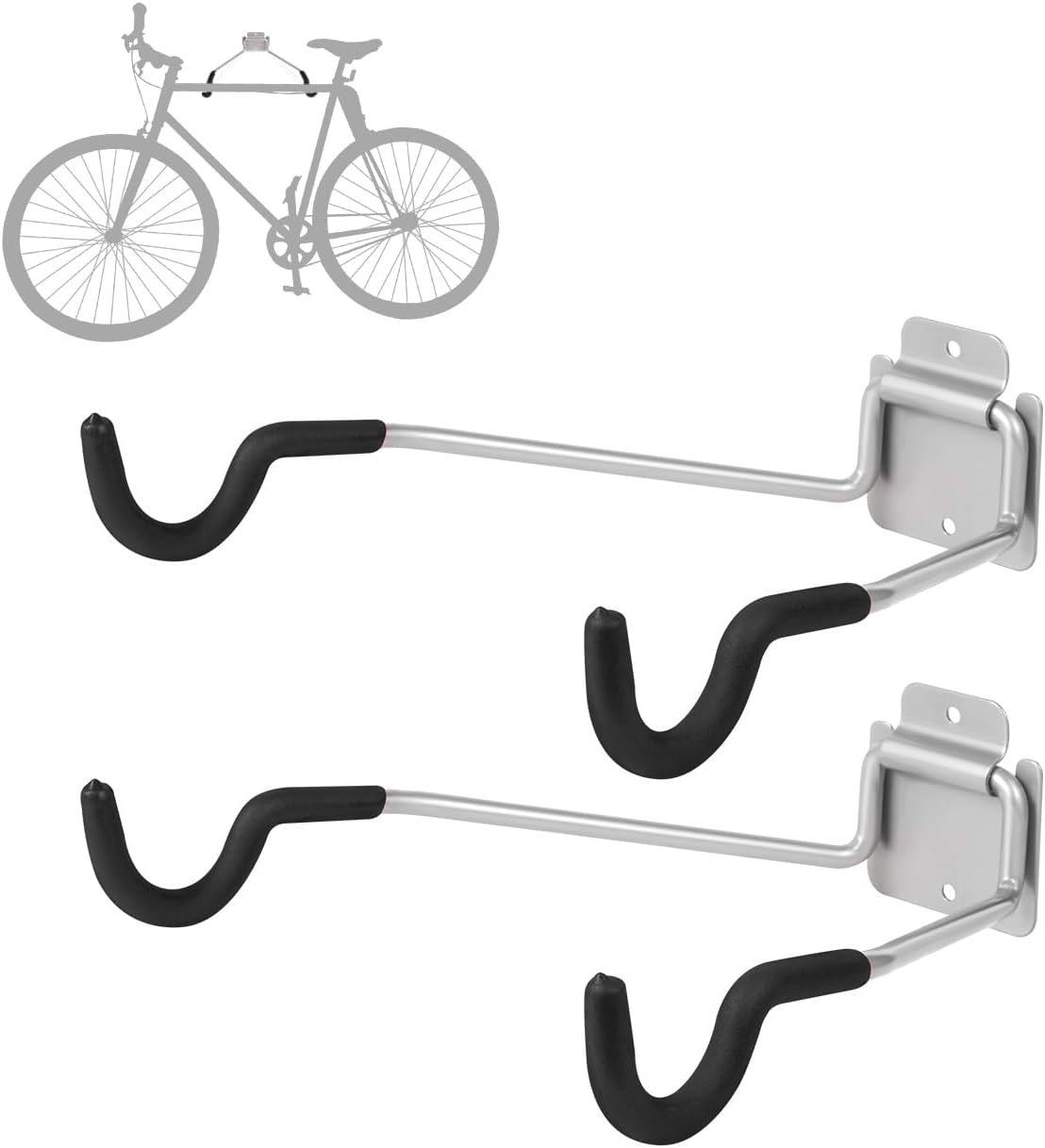 Bike Wall Mount Hangers，EVA Foam Padded Bicycle Hooks-Flip-Up Garage Bicycle Rack for Mountain, Road, and Kids Bikes Rack Holders 2 Pack Silver, Black